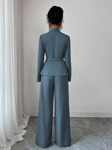 Elegant Lapel V-Neck Long Sleeve Unique Design Waist Belt Buttoned High-End Blazer Jacket And Straight Wide-Leg Pants