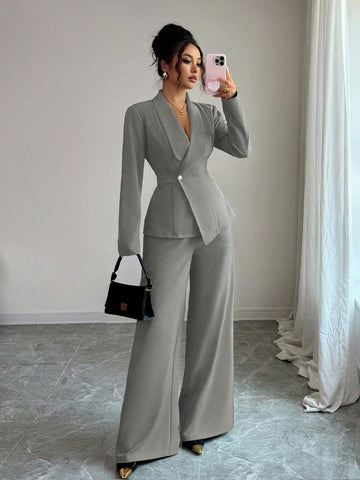 Elegant Lapel V-Neck Long Sleeve Unique Design Waist Belt Buttoned High-End Blazer Jacket And Straight Wide-Leg Pants