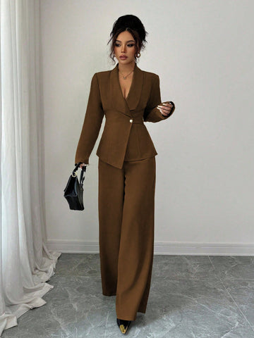 Elegant Lapel V-Neck Long Sleeve Unique Design Waist Belt Buttoned High-End Blazer Jacket And Straight Wide-Leg Pants