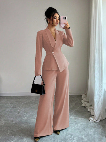 Elegant Lapel V-Neck Long Sleeve Unique Design Waist Belt Buttoned High-End Blazer Jacket And Straight Wide-Leg Pants