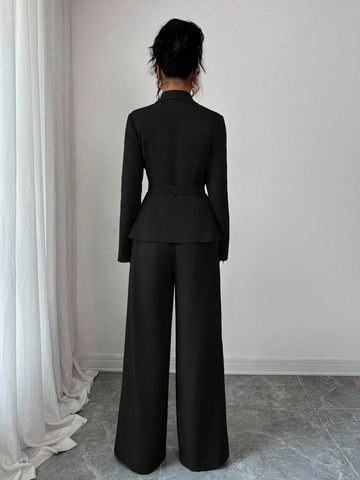Elegant Lapel V-Neck Long Sleeve Unique Design Waist Belt Buttoned High-End Blazer Jacket And Straight Wide-Leg Pants