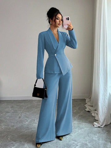 Elegant Lapel V-Neck Long Sleeve Unique Design Waist Belt Buttoned High-End Blazer Jacket And Straight Wide-Leg Pants