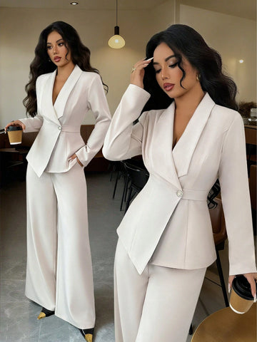 Elegant Lapel V-Neck Long Sleeve Unique Design Waist Belt Buttoned High-End Blazer Jacket And Straight Wide-Leg Pants