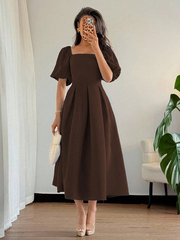 Solid Color Ruffle Hem Big A-Line Puff Sleeve Short Sleeve Dress