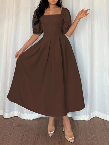 Solid Color Ruffle Hem Big A-Line Puff Sleeve Short Sleeve Dress
