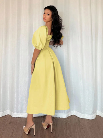 Solid Color Ruffle Hem Big A-Line Puff Sleeve Short Sleeve Dress