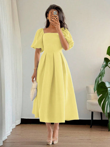 Solid Color Ruffle Hem Big A-Line Puff Sleeve Short Sleeve Dress