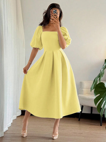 Solid Color Ruffle Hem Big A-Line Puff Sleeve Short Sleeve Dress