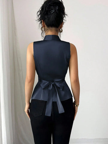 Party Collared Cross Tie Waist Pleated Ruffle Hem Sleeveless Blouse