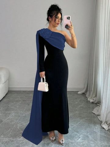 Elenzga Women Dress With Asymmetrical Open Shoulder & 3D Floral Design Maxi Women Outfit