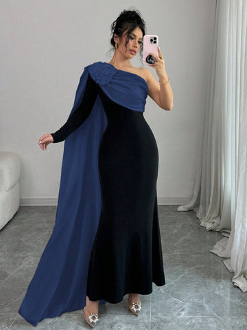 Elenzga Women Dress With Asymmetrical Open Shoulder & 3D Floral Design Maxi Women Outfit