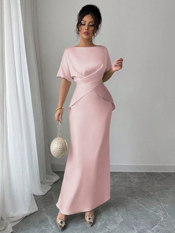 Women's Elegant Satin Shiny Fabric Cross Strap Bowknot Back Formal Dress