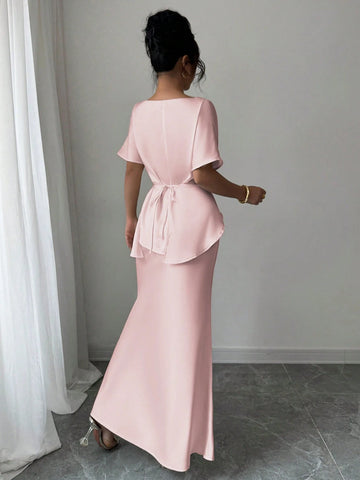 Women's Elegant Satin Shiny Fabric Cross Strap Bowknot Back Formal Dress