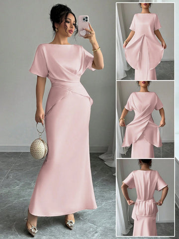 Women's Elegant Satin Shiny Fabric Cross Strap Bowknot Back Formal Dress