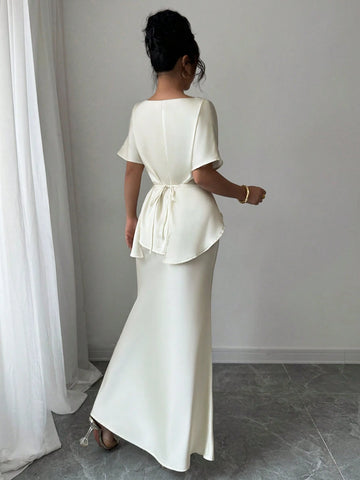 Women's Elegant Satin Shiny Fabric Cross Strap Bowknot Back Formal Dress