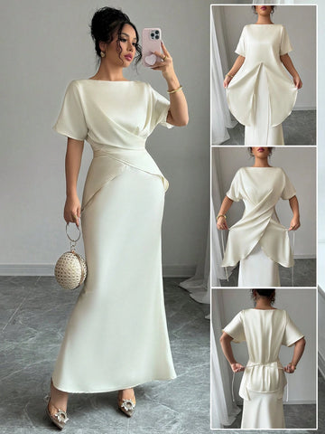 Women's Elegant Satin Shiny Fabric Cross Strap Bowknot Back Formal Dress