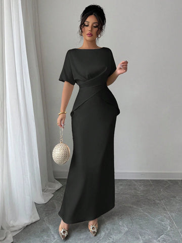 Women's Elegant Satin Shiny Fabric Cross Strap Bowknot Back Formal Dress