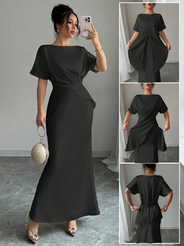 Women's Elegant Satin Shiny Fabric Cross Strap Bowknot Back Formal Dress