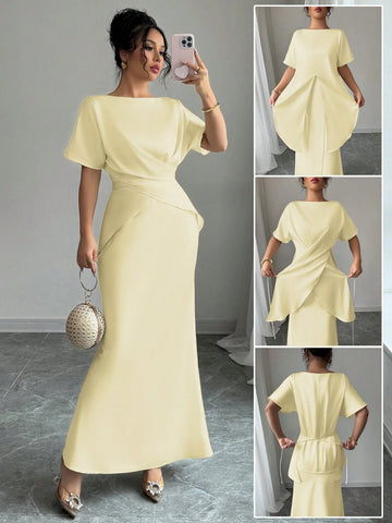 Women's Elegant Satin Shiny Fabric Cross Strap Bowknot Back Formal Dress