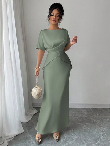 Women's Elegant Satin Shiny Fabric Cross Strap Bowknot Back Formal Dress