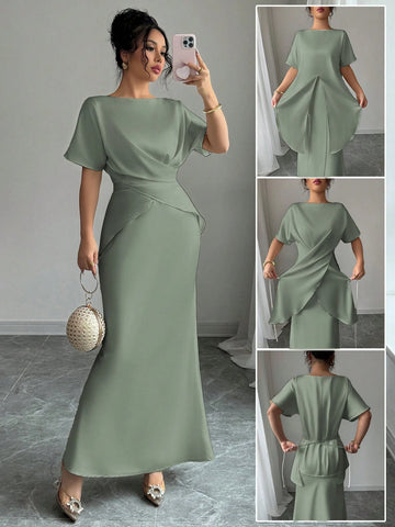 Women's Elegant Satin Shiny Fabric Cross Strap Bowknot Back Formal Dress