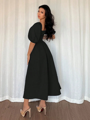 Solid Color Ruffle Hem Big A-Line Puff Sleeve Short Sleeve Dress