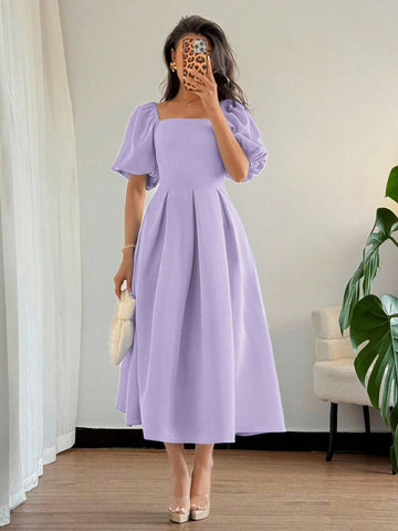 Solid Color Ruffle Hem Big A-Line Puff Sleeve Short Sleeve Dress