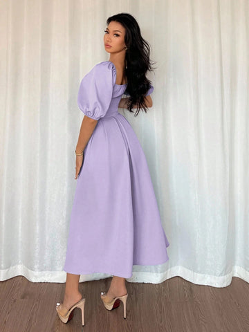 Solid Color Ruffle Hem Big A-Line Puff Sleeve Short Sleeve Dress