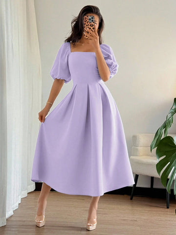 Solid Color Ruffle Hem Big A-Line Puff Sleeve Short Sleeve Dress