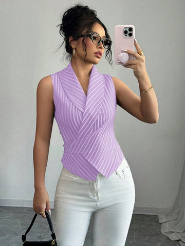 Women Striped Shawl Collar Sleeveless Casual Shirt