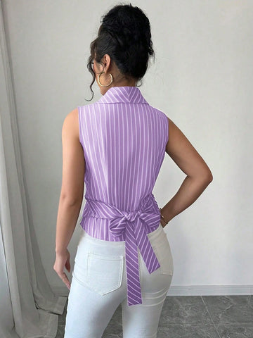 Women Striped Shawl Collar Sleeveless Casual Shirt