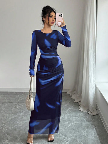 Women's Elegant Elastic Ombre Printed Mesh Ruched Bodycon Maxi Dress