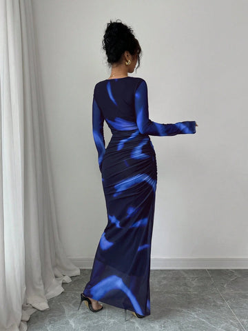 Women's Elegant Elastic Ombre Printed Mesh Ruched Bodycon Maxi Dress