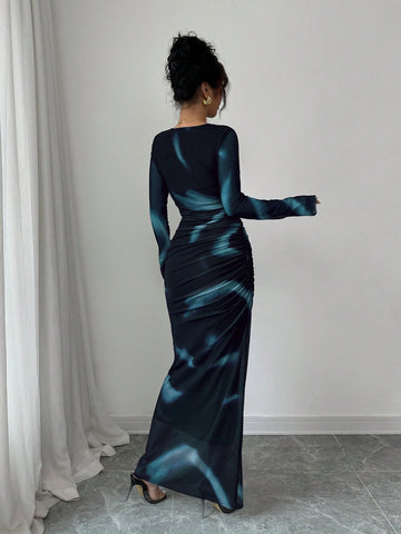 Women's Elegant Elastic Ombre Printed Mesh Ruched Bodycon Maxi Dress