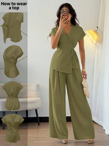 Women's Elegant Wrap Batwing Sleeve Blouse And Loose Wide Leg Pants