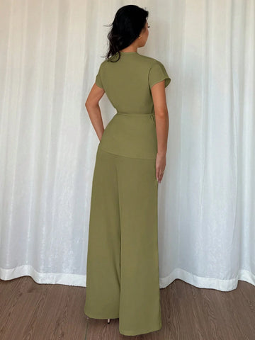 Women's Elegant Wrap Batwing Sleeve Blouse And Loose Wide Leg Pants