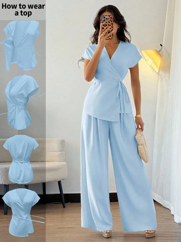 Women's Elegant Wrap Batwing Sleeve Blouse And Loose Wide Leg Pants