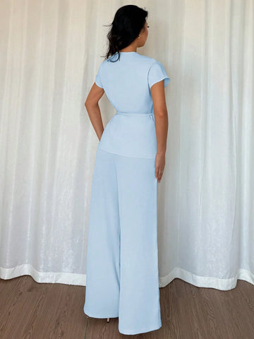Women's Elegant Wrap Batwing Sleeve Blouse And Loose Wide Leg Pants