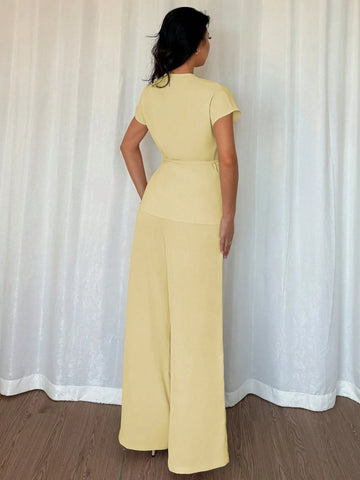 Women's Elegant Wrap Batwing Sleeve Blouse And Loose Wide Leg Pants