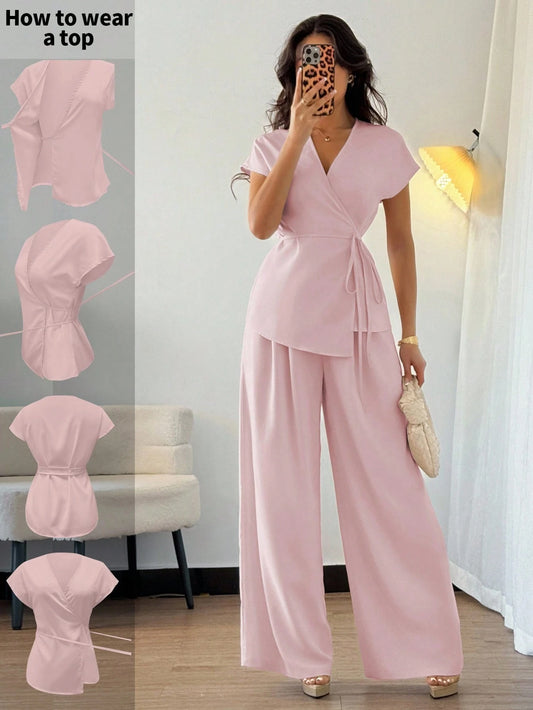 Women's Elegant Wrap Batwing Sleeve Blouse And Loose Wide Leg Pants
