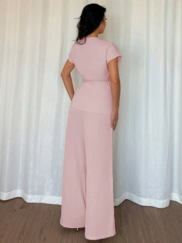 Women's Elegant Wrap Batwing Sleeve Blouse And Loose Wide Leg Pants