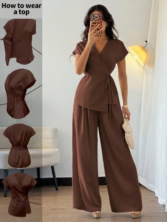 Women's Elegant Wrap Batwing Sleeve Blouse And Loose Wide Leg Pants