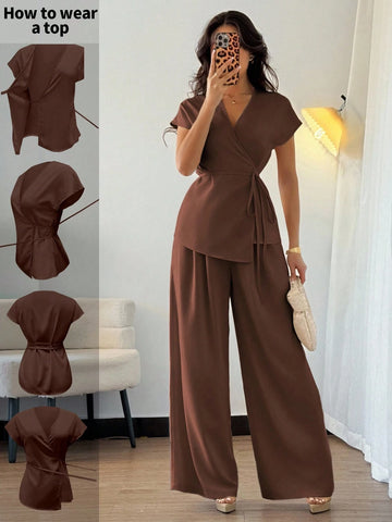 Women's Elegant Wrap Batwing Sleeve Blouse And Loose Wide Leg Pants