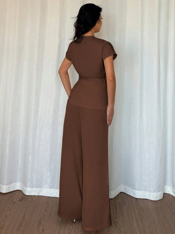 Women's Elegant Wrap Batwing Sleeve Blouse And Loose Wide Leg Pants