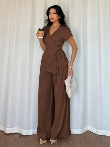 Women's Elegant Wrap Batwing Sleeve Blouse And Loose Wide Leg Pants