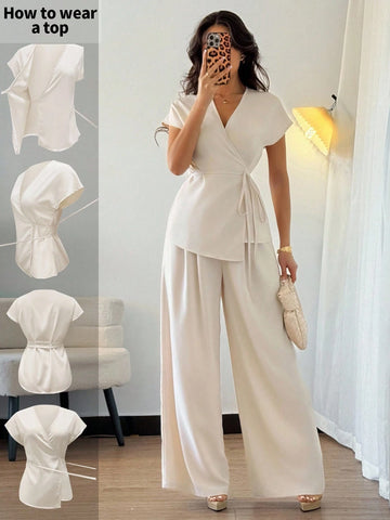 Women's Elegant Wrap Batwing Sleeve Blouse And Loose Wide Leg Pants