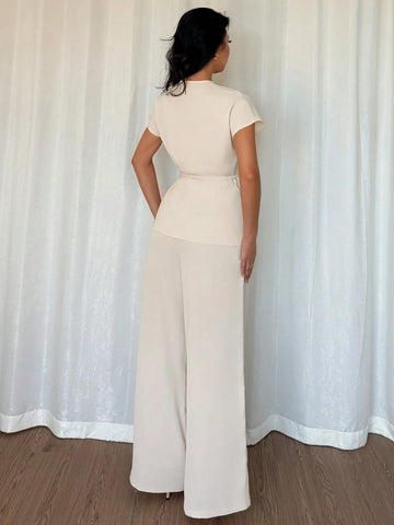 Women's Elegant Wrap Batwing Sleeve Blouse And Loose Wide Leg Pants