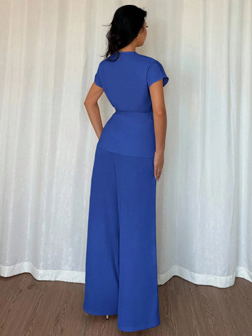Women's Elegant Wrap Batwing Sleeve Blouse And Loose Wide Leg Pants