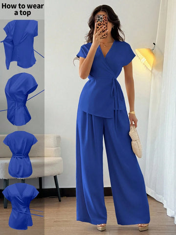 Women's Elegant Wrap Batwing Sleeve Blouse And Loose Wide Leg Pants