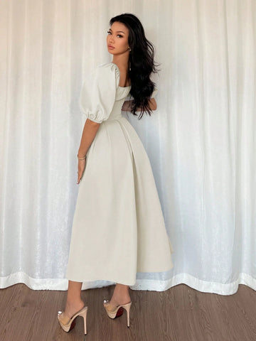 Solid Color Ruffle Hem Big A-Line Puff Sleeve Short Sleeve Dress